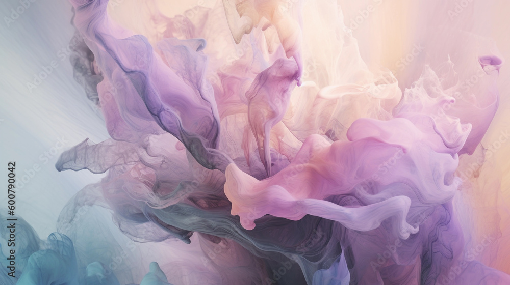 Drops of purple paint in water. Whirlpool of splashes, clouds and waves in motion. Colorful smoke cloud, underwater abstract background. Generative AI - obrazy, fototapety, plakaty 