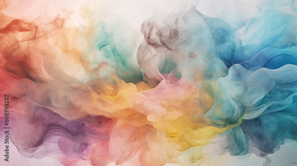 Drops of rainbow paint in water. Whirlpool of splashes, clouds and waves in motion. Colorful smoke cloud, underwater abstract background. Generative AI