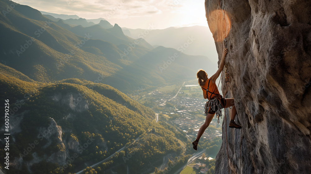 female climber dangerously hanging on a vertical wall at a high altitude against the background of the mountains of the forest and the city