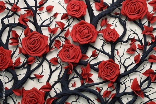 Fototapeta Naklejka Na Ścianę i Meble -  2d texture of branches with red roses and leaves, illustration background. 3d abstraction wallpaper for Interior mural painting wall art decor. Generative Ai.