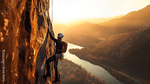 rock climber in belay gear hangs high on a vertical rock against the backdrop of a river and forest sunset, generated by AI
