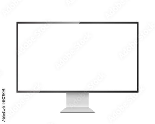 Computer monitor vector mockup. Pc template with blank screen. Silver desktop isolated on white background.