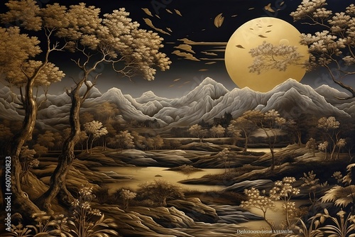 3D modern interior mural painting wall art decor wallpaper. The sky and a moon in a gold moon landscape mural. Generative Ai.