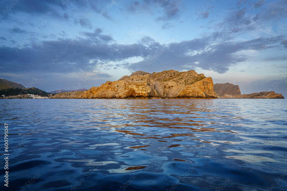 Cala Sant Vicenc and the tip of Ses Coves Blanques, Tramuntana coast, Pollensa, Majorca, Balearic Islands, Spain