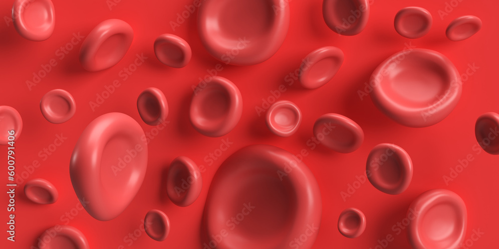 3d flow red blood cells iron platelets on red background. Realistic erythrocyte medical analysis illustration banner