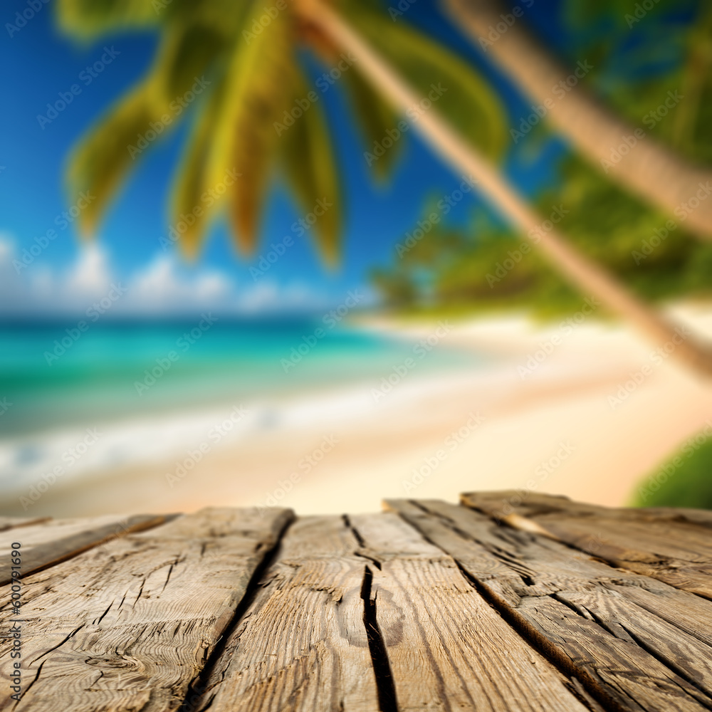 Fototapeta premium Desk of free space and summer landscape of beach 