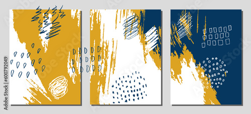 Collection of abstract creative backgrounds. Hand painted textures set. Trendy graphic artwork for poster,  flyer. Vector templates with paint strokes and shapes in pastel retro colors.