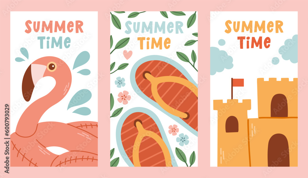 Summer time vector poster set. Hello summer text collection with elements for tropical holiday vacation.