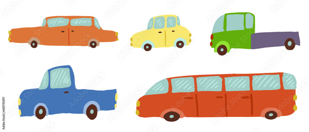 Set of children's doodles of different cars.Vector graphics.