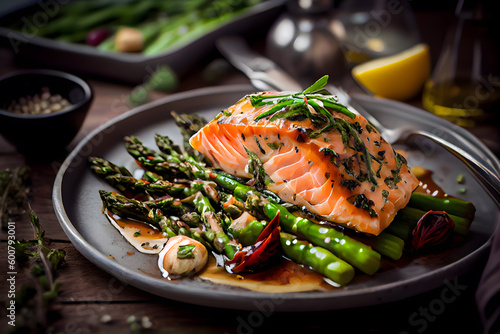 Canvas Print Grilled salmon fillet with asparagus on a plate. AI Generative
