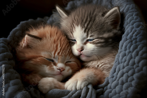 Wallpaper Mural two cute young cats lie in their basket and cuddle (Generative AI, Generativ, KI) Torontodigital.ca