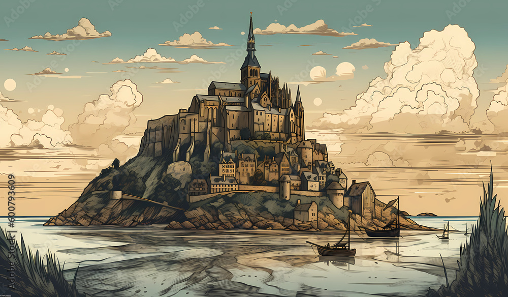 Illustration of beautiful view of Mont Saint-Michel, France