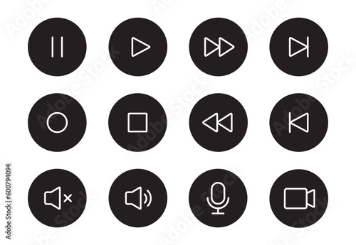 Audio sound, video player button line icon. Music play, sound mute, pause button thin editable line icon set. Microphone, camera, audio pictogram. Vector illustration.