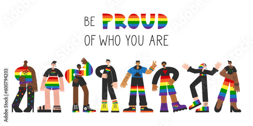 Group of gay people standing with rainbow flag, lgbtq symbols. Homosexual queer men visibility, awareness, equality, pride and rights concept isolated vector flat illustration.