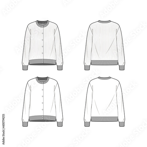 Technical sketch of knit cardigan design template. Front and back view white cardigan mock up. Vector illustration. Round neck button down placket jumper with rib trims. Fashion graphic top item. photo