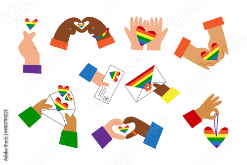 Happy pride set with hands holding LGBT valentines rainbow symbols, hearts and letters. Gay love of diverse bipoc people. Queer romantic elements for decoration. Flat vector.
