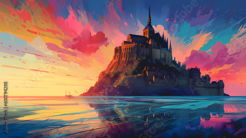 Illustration of beautiful view of Mont Saint-Michel, France