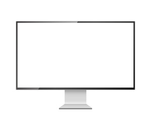 Computer monitor mockup. Pc template with blank screen. Silver desktop isolated on white or transparent background.