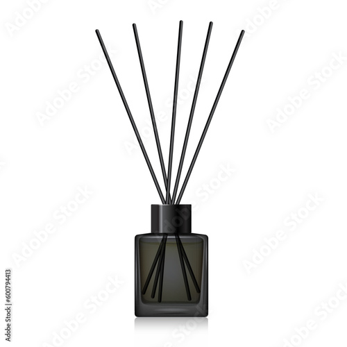 Black glass reed diffuser bottle mockup. Home fragrance with liquid perfume. Cube aroma diffuser with black metal cap. 3D vector illustration