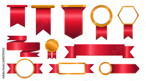 Red label design space text for promotion product packaging. Set of silk red and gold color ribbon vector illustration.