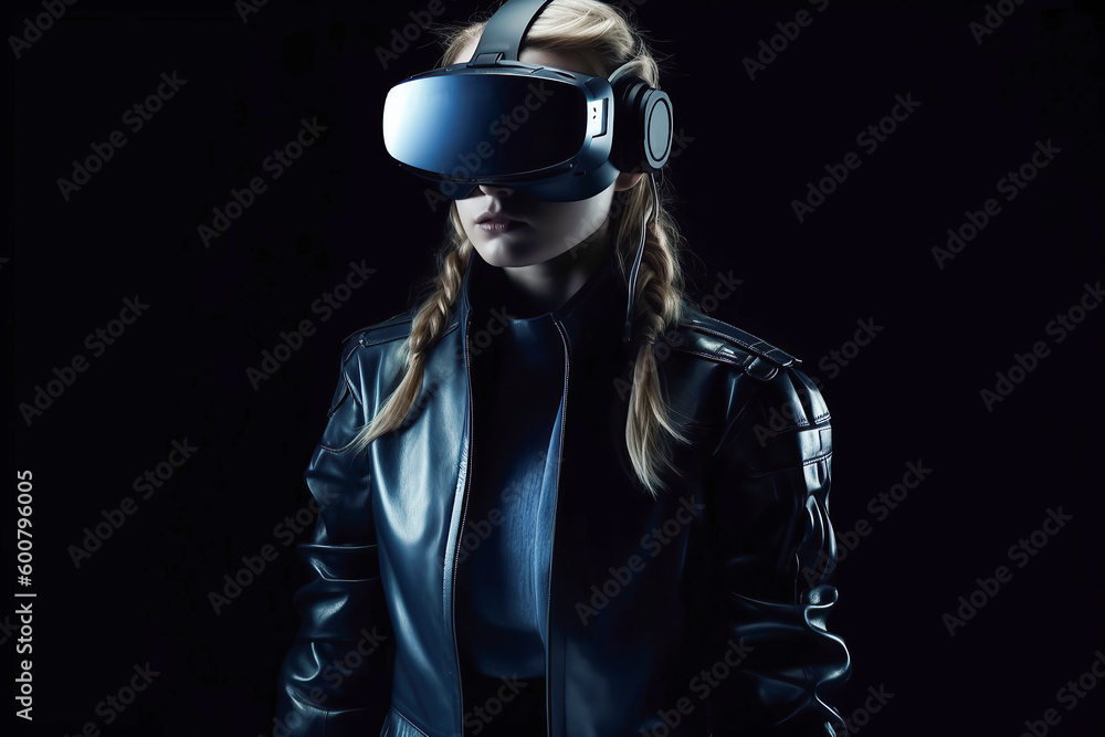 Woman in virtual reality glasses, generative ai.