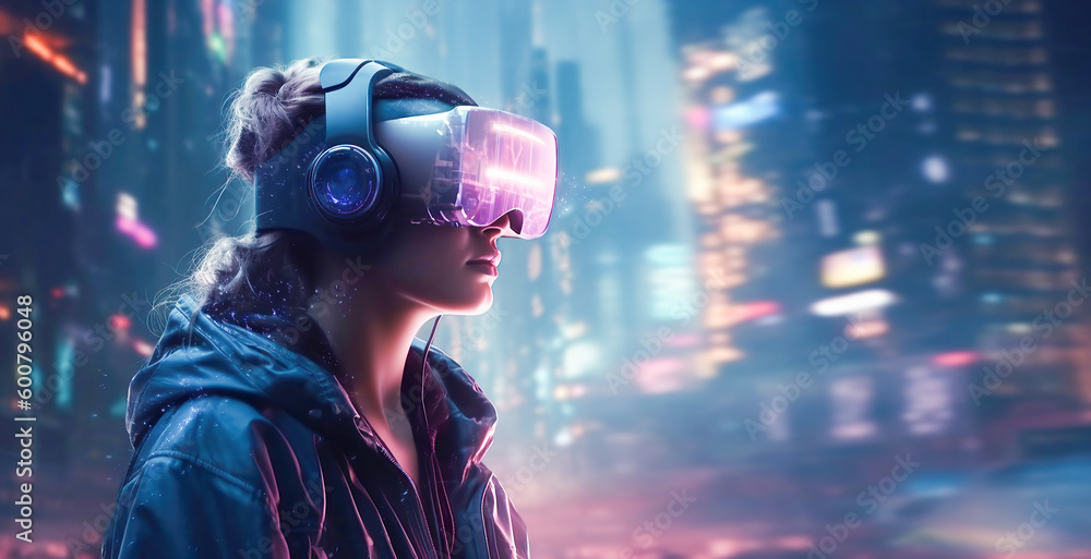 Woman in virtual reality glasses, generative ai. Woman in virtual reality glasses, generative ai.