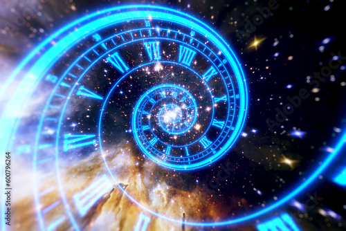 Fototapeta Naklejka Na Ścianę i Meble -  Surreal spiral clock in space. Concept of time, space, life, death, time travel. Elements of this image furnished by NASA.
