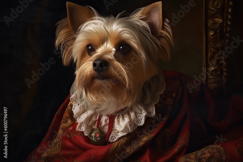 AI Generated. AI Generative. Painting of a Yorkshire terrier in renaissance clothing realistic illustration. Vintage retro elite vibe. Graphic Art © AkimD