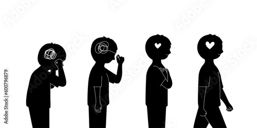 The silhouette of kid is move on his stress, hugging self and understrand problem. mental health concept in vector illustration.	