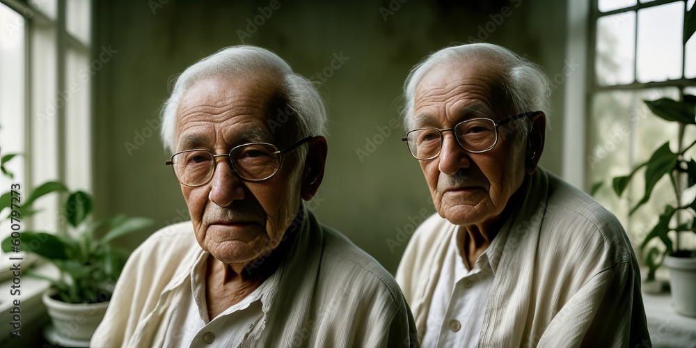 Two caucasian senior man patient sitting alone and looking out the window at hospital ward . Lonely old male in Nursing home. loneliness elder. Depressed mature. Generative AI Two caucasian senior man patient sitting alone and looking out the window at hospital ward . Lonely old male in Nursing home. loneliness elder. Depressed mature. Generative AI
