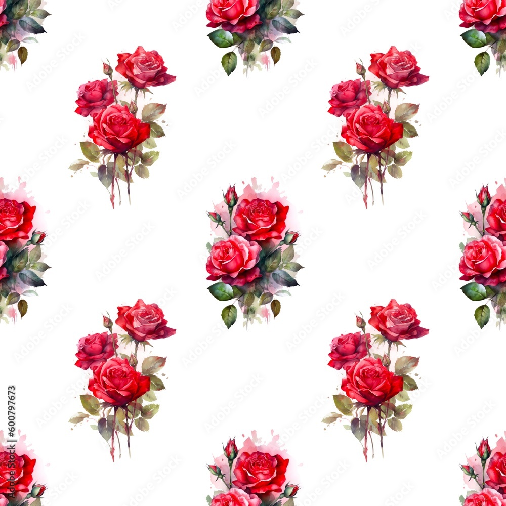 Seamless pattern with many red roses isolated on white background in watercolor style. Generative AI. Seamless pattern with many red roses isolated on white background in watercolor style. Generative AI.