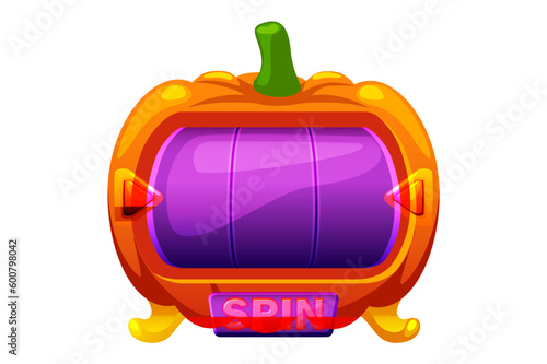 Halloween slot machine, button rotation. 2D game asset. Halloween Bonus Popup.