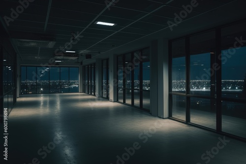 Empty modern office space at night generative ai illustration 