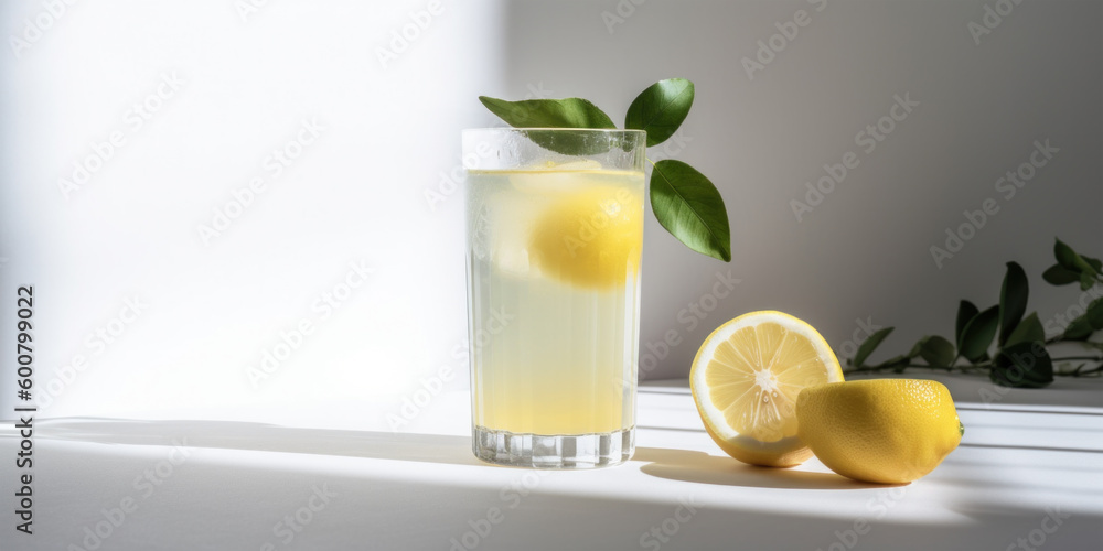 A glass of lemonade and lemon chunks on white background with copy space. Generative AI A glass of lemonade and lemon chunks on white background with copy space. Generative AI