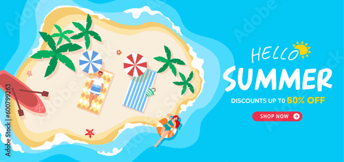 Hello Summer Sale poster and banner template.Top view island beach background with human,swim ring,starfish,kayak,coconut tree and sea.