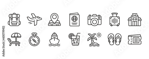 Summer travel icon set. Vector graphic illustration.