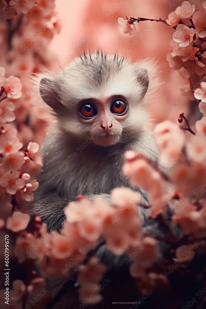 Portrait d'un petit singe dans des arbres en fleur Portrait d'un petit singe dans des arbres en fleur