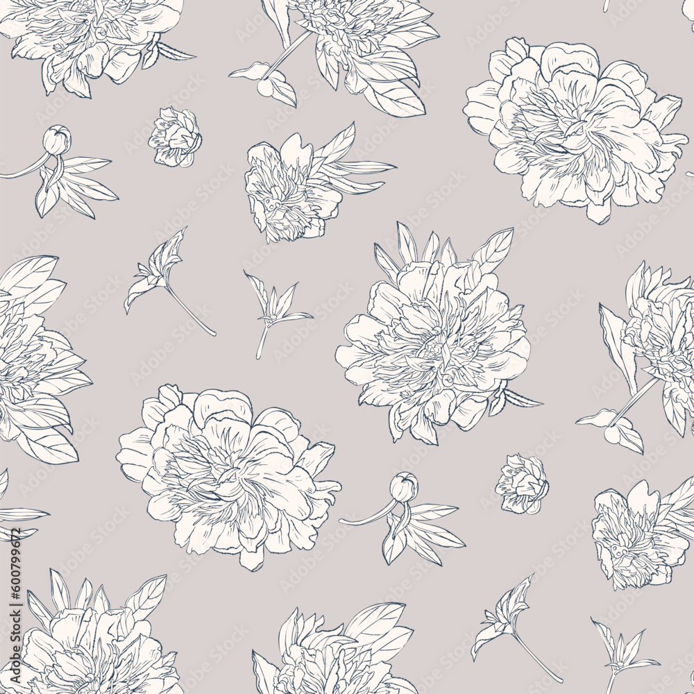Seamless pattern with peonies. Detailed monochrome drawing. Seamless pattern with peonies. Detailed monochrome drawing.