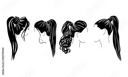 ponytail hairstyle for long hair set of silhouettes, stylish styling with a high position