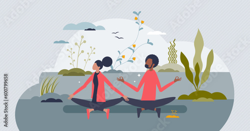 Meditation as process for peace  calm body and mind tiny person concept. Mindfulness practice for couples vector illustration. Emotional balance  spiritual health and mental serenity lifestyle.