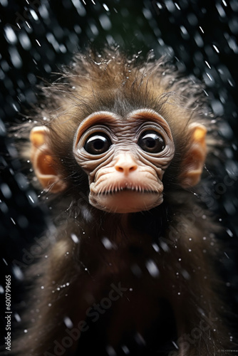 Portrait d'un petit singe sous la neige