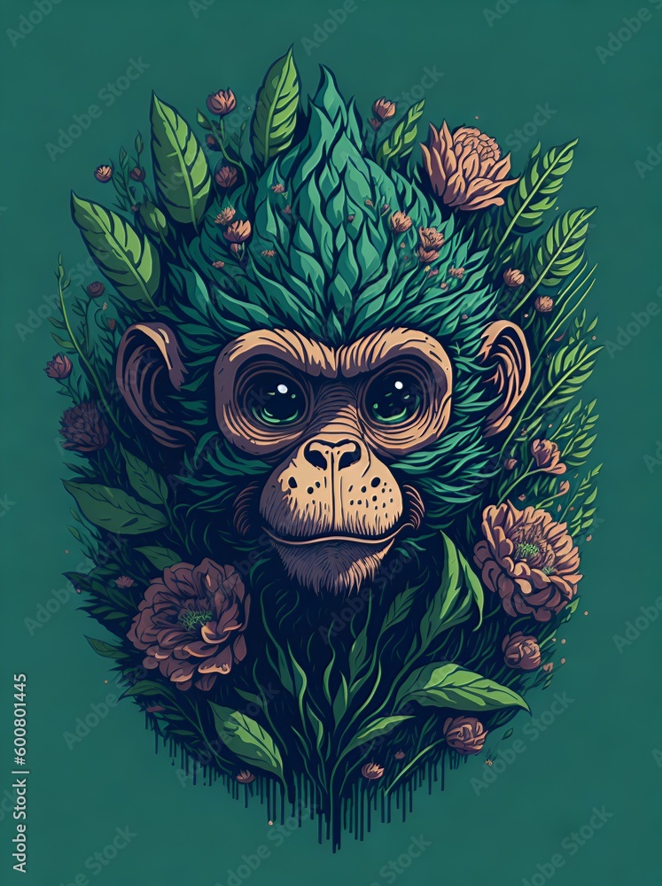 A detailed illustration a print of vintage monkey