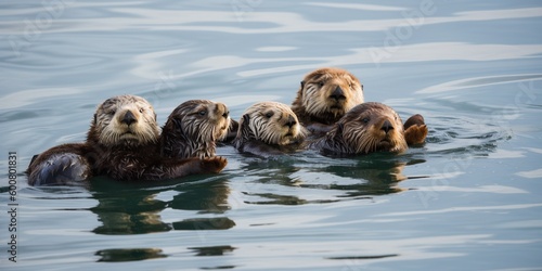 A family of sea otters floating together on their backs in the ocean, concept of Social bonding, created with Generative AI technology © koldunova
