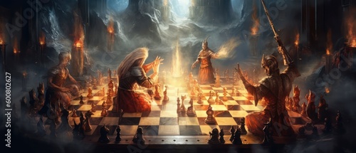 a chess tournament between god of life and grim reaper of death to get the control of the lost souls, Chess against the god and the death. Generative AI