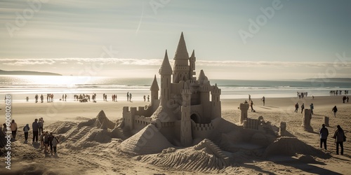 Sand sculptor meticulously shapes a detailed, impressive castle on a beach, complete with towers, attracting a crowd of onlookers, concept of Artistic Precision, created with Generative AI technology