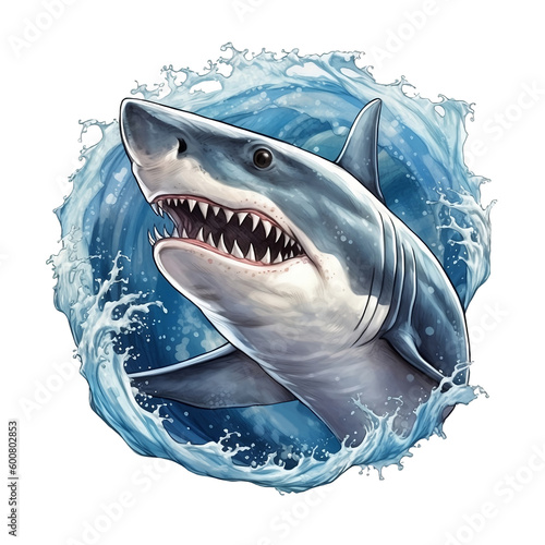 Great cartoon shark with open jaws around the waves AI