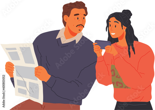 Dad with newspaper not happy that his daughter with smartphone surfs web sites, chatting, mailing, spending too much time with gadgets. Social networks, digital services, applications on mobile device
