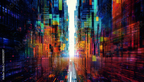 Creative colorful Glitch background. abstract digital glitch design of a cyberpunk city,