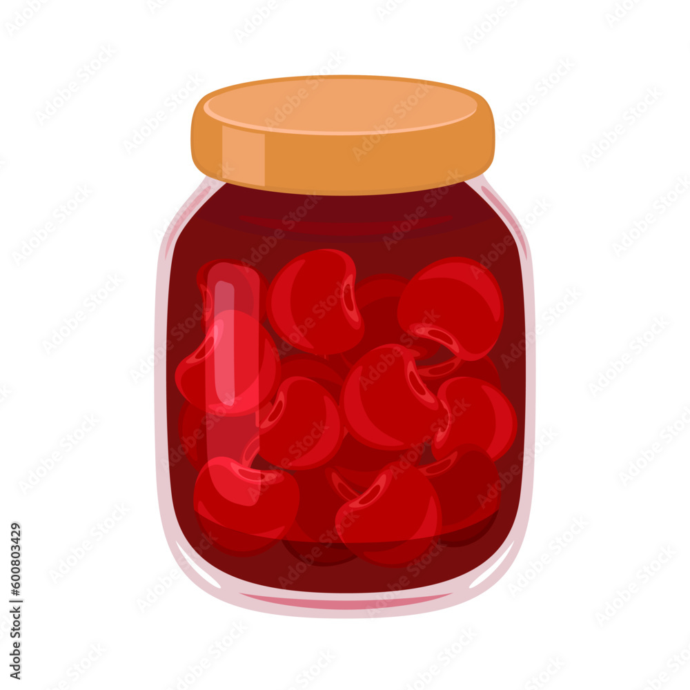 Cherry jam in a glass transparent jar isolated on white background. Vector cartoon flat illustration. Cherry jam in a glass transparent jar isolated on white background. Vector cartoon flat illustration.