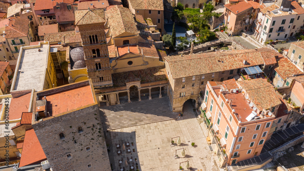 Aerial view of the Co-Cathedral of San Cesareo and Duomo of Terracina, in the province of Latina, Italy. It is the main Catholic place of worship in the city.